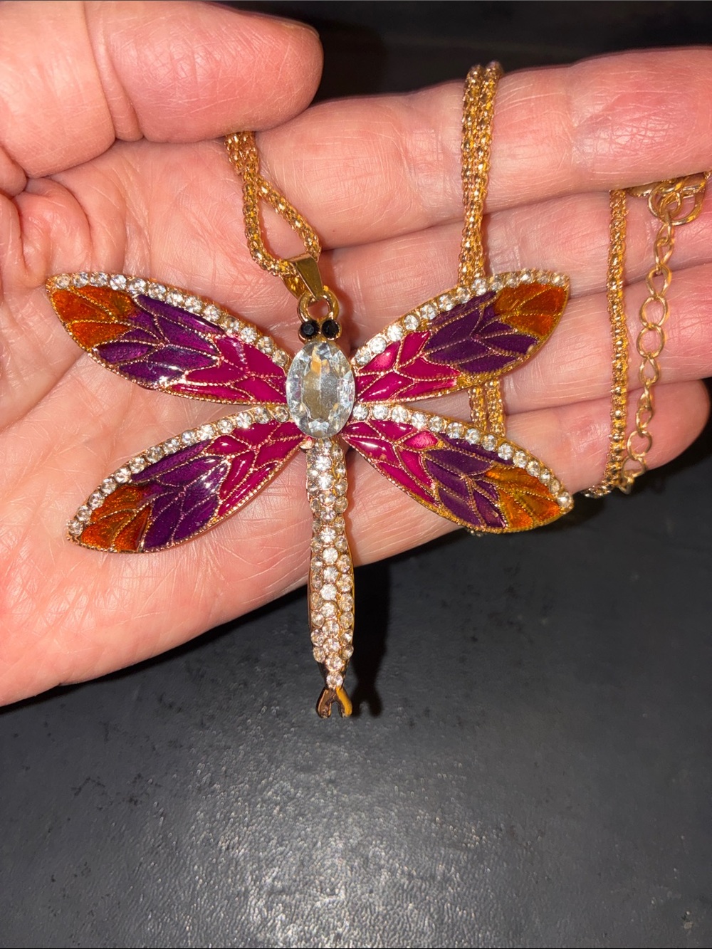 Dragonfly Pendant Necklace in Purple & Orange - Gold Tone